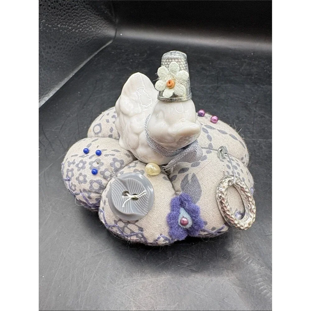 Handcrafted Ceramic Duck Pin Cushion in Lavender and Cream on Glass Dish